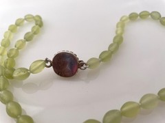 Vintage Green Prehnite Oval Bead Necklace Hand Knotted Sterling Clasp Prehnite