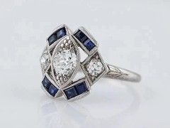 Art Deco Style Lab Created Diamond & Sapphire Wedding 14k White Gold Finish Ring