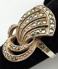 Vintage Sterling Silver Marcasite Bow Ring Signed Mid Century Art Deco