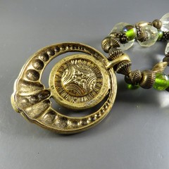 Vintage ANTHONY ALEXANDER Beaded Necklace MIXED METALS Rhinestone Pendant GREEN