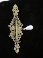 Vintage Ornate Metal Bar Dangle Brooch with Faux Pearls