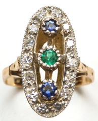 Victorian Emerald Sapphire Diamond Engagement Ring Size 6.75 UK-N 18KY EGL USA