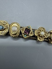 Vintage Signed Goldette NY Multiple Gemstones Safety Chain Slide Charm Bracelet