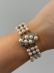 Vintage Three-Strand Akoya Pearl & Diamond Bracelet 10K White Gold 5.50-6mm