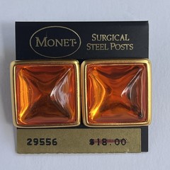 VTG Monet 80s 90s Square Orange Lucite Gold Tone Pierced Earrings New Old Stock