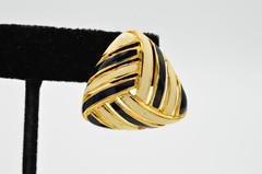 TAT Vintage Earrings Gold Black Off White Enamel Pierced Signed NOS 1980s
