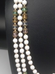 VINTAGE White Glass & Multicolor Crystals Hand Knotted 60 in beaded Necklace