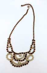 Vintage Rhinestone Bib Necklace Champagne Cognac Gold Tone 16 In