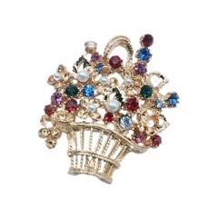 Vintage Gold Tone Flower Basket Brooch Multicolor Rhinestone Faux Pearl Pin