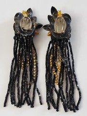 Vintage Retro Black & Gold Glass? 4″ Rhinestone Beaded Dangle Drop Earrings