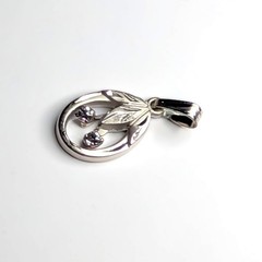 Vintage Etched Sterling CZ Pendant Oval Cherries Leaf Signed JF Small .75″ USA