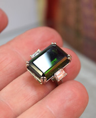 Rare Platinum 17.48 tcw Emerald Cut Green Tourmaline Diamond 3 Stone Ring sz 6