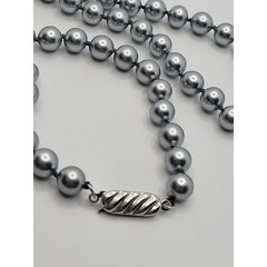 Vintage Glass Faux Pearl Necklace Pewter Silvery Gray Beads Hand Knotted 20.5″