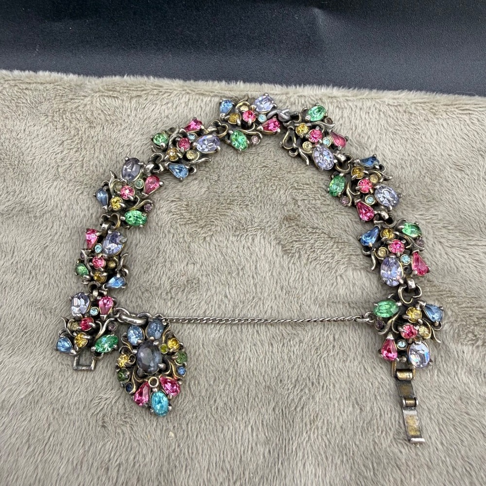 Vintage Hollycraft Rhinestone Bracelet Fruit Salad Silver Tone 7”