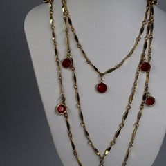Vintage Open Bezel Red Crystal Flapper Necklace Gold Tone Metal 52″ Long