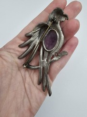 Vintage Pot Metal Jelly Belly Purple Lucite Parrot Brooch Silvertone Rhinestone