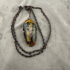 Vintage Necklace Hand Painted Portrait Double Sided Egyptian Revival Copper 28”