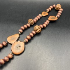 Chunky Boho Beaded Necklace Wooden Nut Seed Chocolate Brown Long 32” In Vintage