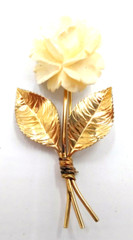 Beautiful Gold Filled 2.5″ White Rose w/Leaves Brooch Pin