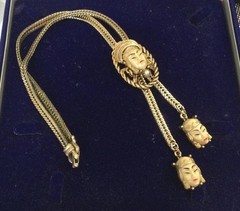 Vintage 1950s Selro Selini Princess Face Slide Bolo Necklace Gold Tone Statement