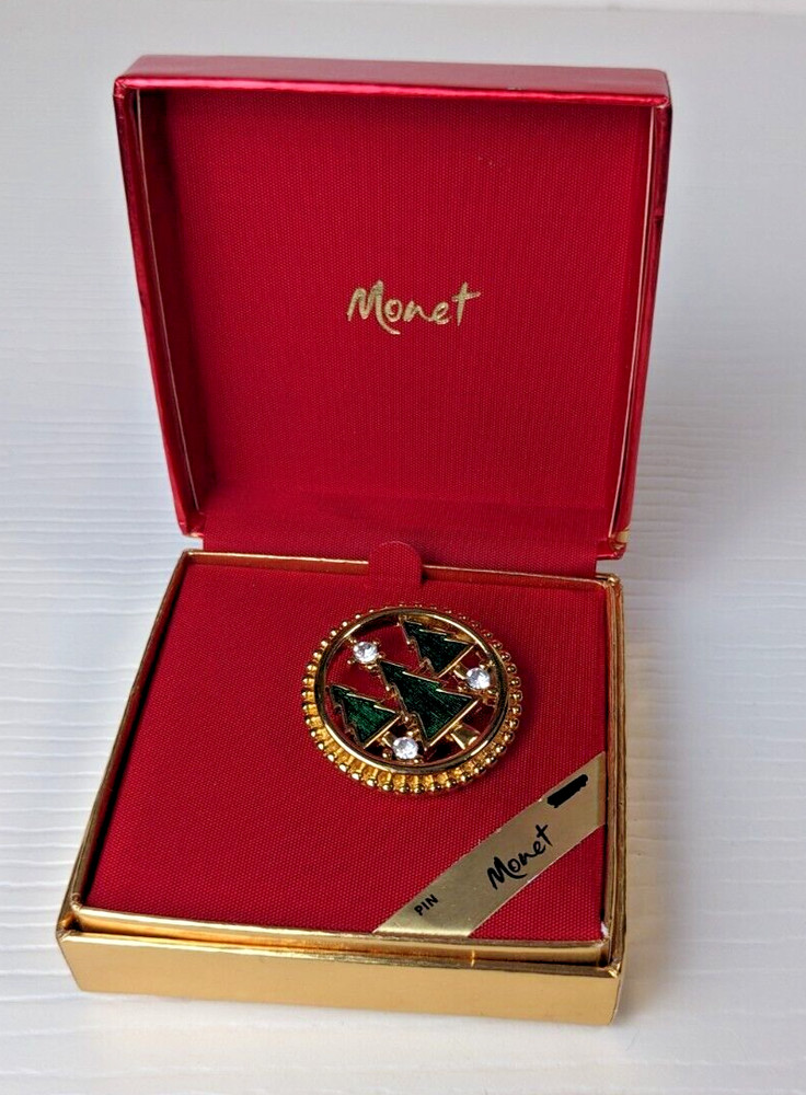 Vintage Christmas Tree Monet Brooch with org box 3 trees in circle w/rhinestone