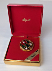 Vintage Christmas Tree Monet Brooch with org box 3 trees in circle w/rhinestone