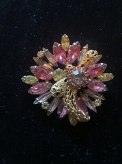 Vintage Pink Yellow Lavender Rhinestone Gold Tone Filigree Accents Brooch Unique