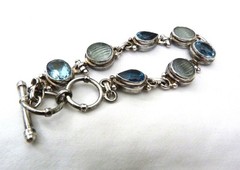 LARGE OVAL FACETED BLUE TOPAZ MELON CARVED QUARTZ STERLING SILVER BRACELET