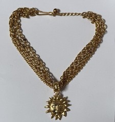 Vintage 1980s Chunky Celestial Sun Pendant Necklace Costume Gold Toned Unmarked