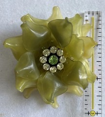 Vtg Frosted Green Soft Molded Plastic Rhinestone Flower Brooch SilverTone