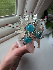 Vintage Atomic MCM Blue Mercury Glass Ball Silver Beads Corsage Pin Rare Find