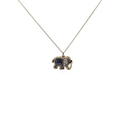 Antiqued Gold Tone Elephant Pendant Necklace Crystal Rhinestone 26in Boho