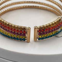 Vintage Kat + Bryn Gold Tone Rainbow Rhinestone 5 Row Open Cuff Bangle Bracelet