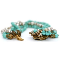 Vintage Signed Miriam Haskell Turquoise Bead Bracelet & Clip On Earrings Set