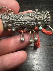 Vintage Nepal Prayer Box Necklace, Himalayan Ghau Amulet Pendant with Red Glass