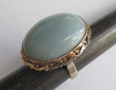 Sz 5.75 BIG BOLD VINTAGE STERLING SILVER CELEDON JADE SOLITAIRE RING TAIWAN