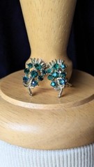 Vintage Green Peacock Blue Aurora Borealis AB Glass CLIP Earrings Feather Leaf
