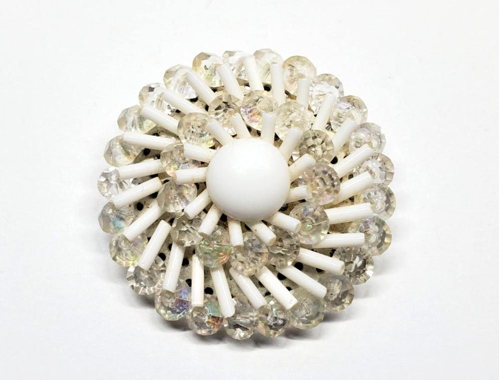 Vintage Western Germany Beaded Brooch Pin White AB Aurora Borealis Jewelry
