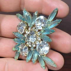MCM Light Aqua Blue Glass Faceted Prism Rhinestones Pin Brooch 2.5” Goldtone Vtg