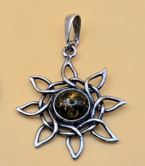 Vintage Sterling Silver 925 Amber Tiger’s Eye Sun Pendant 1″