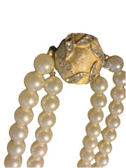 Pearl Necklace Faux Vtg 2 Strand 23” L Leaf Pattern Clasp 5 Missing Rhinestones