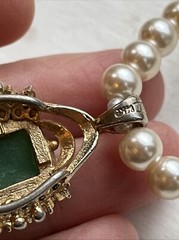 Vintage Designer Lanvin Emerald Rhinestone? Pendant 14k Gold Pearl Necklace