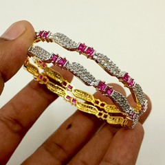 Designer Ruby & Cubic Zirconia Bangle Set Handmade 22K Gold Plated Ethnic Style