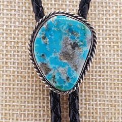 Vintage Turquoise Bolo Tie Sterling Silver Bezel Native American Signed S