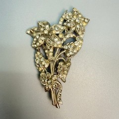Large Vintage Pot Metal Brooch Silver Tone Rhinestone Floral 30s 40s Era READ