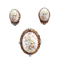 Vintage West Germany Floral Cameo Earrings & Brooch Set SEE DESCRIPTION