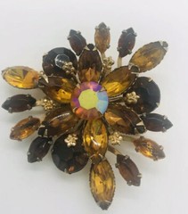 Large Beau Jewels Topaz & Amber Rhinestone Brooch 2 1/8 Inches Vintage Jewelry