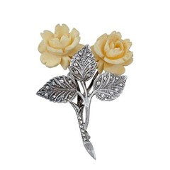 Vintage Sterling Silver 925 Marcasite Carved Rose Brooch