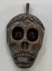 Unusual Vintage SKULL Pendant w Red Gem Eyes Copper?