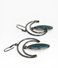 Vintage Alpaca Mexico Modernist Double Crescent Turquoise Inlay Dangle Earrings